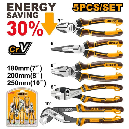 Set Alicates Ingco Industrial 5 Piezas 180-260mm/7-10"