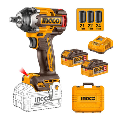 Llave de Impacto Inalámbrica 20V 500NM + 2 Baterías 4AH + Cargador Rápido + Dados