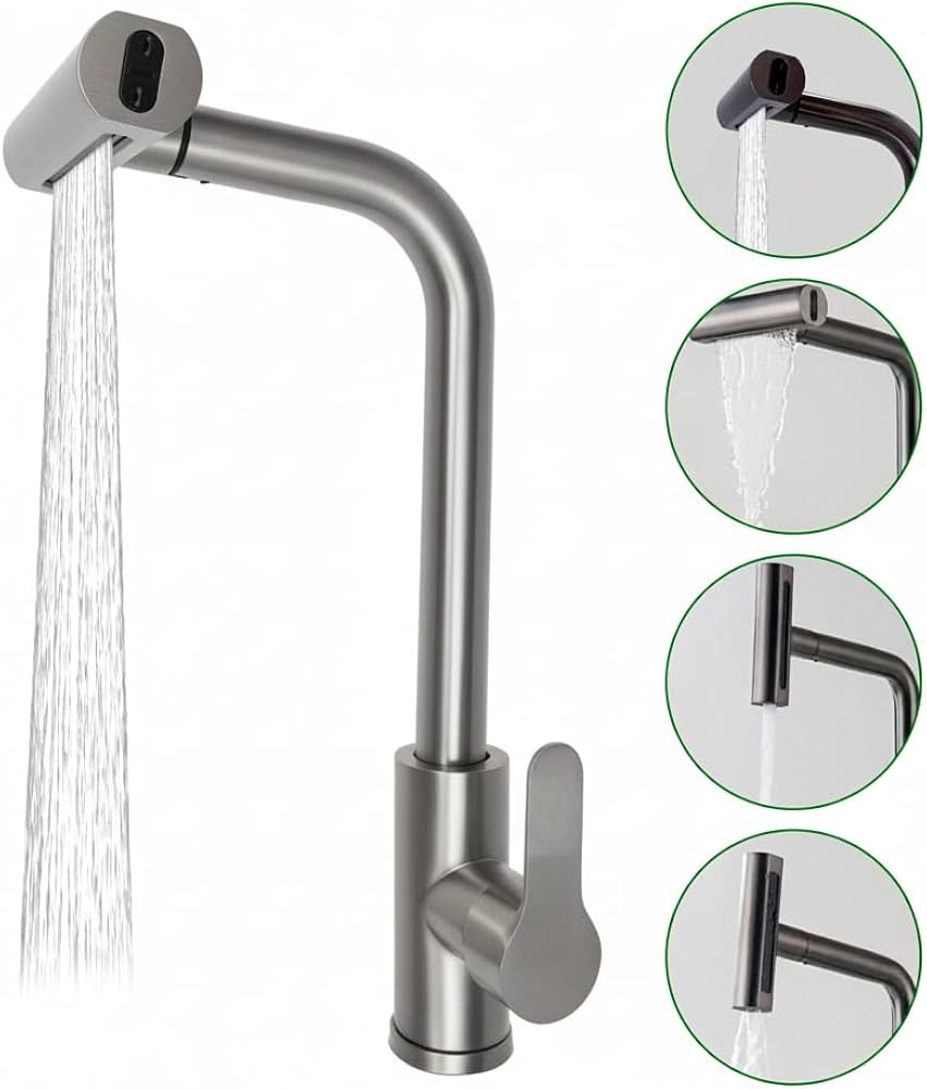 Grifo de Cocina 4 Modos de Agua Giratorio 360° Acero Inoxidable