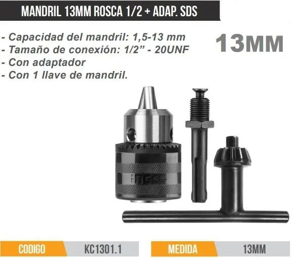 Mandril 13mm Con Adaptador Sds Plus Ingco Kc1301.1