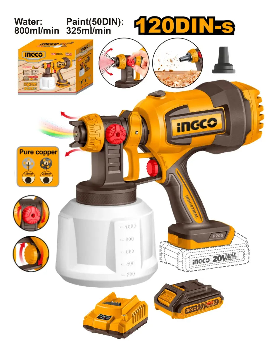 Pistola De Pintura Inalam. 20 V + Bateria + Cargador - Ingco Color Amarillo