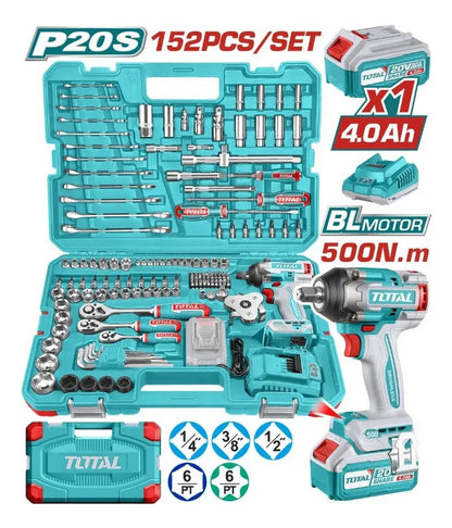 Kit Llave De Impacto Inalámbrico 20v 1/2 500nm 152 Piezas Total