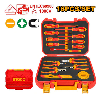 Set Herramientas Manuales Aisladas Dieléctricos 16 Piezas HKITH1601 Ingco Color Rojo