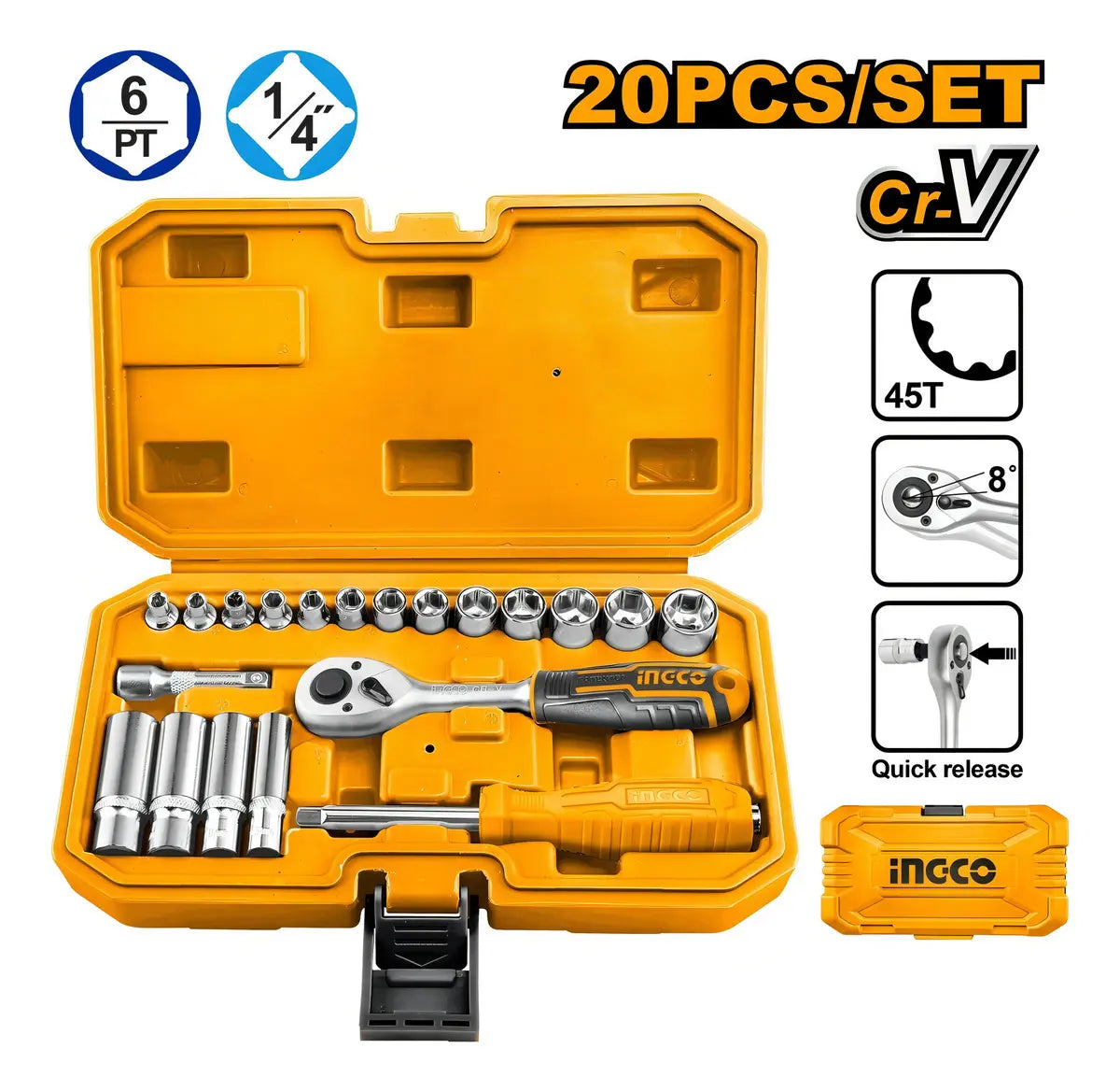 Set Dados Y Chicharra Ingco Industrial 20 Piezas 1/4"