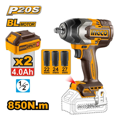 Pistola De Impacto Bl Ingco +2bat 4ah Y Carg 1/2" 20v/850nm