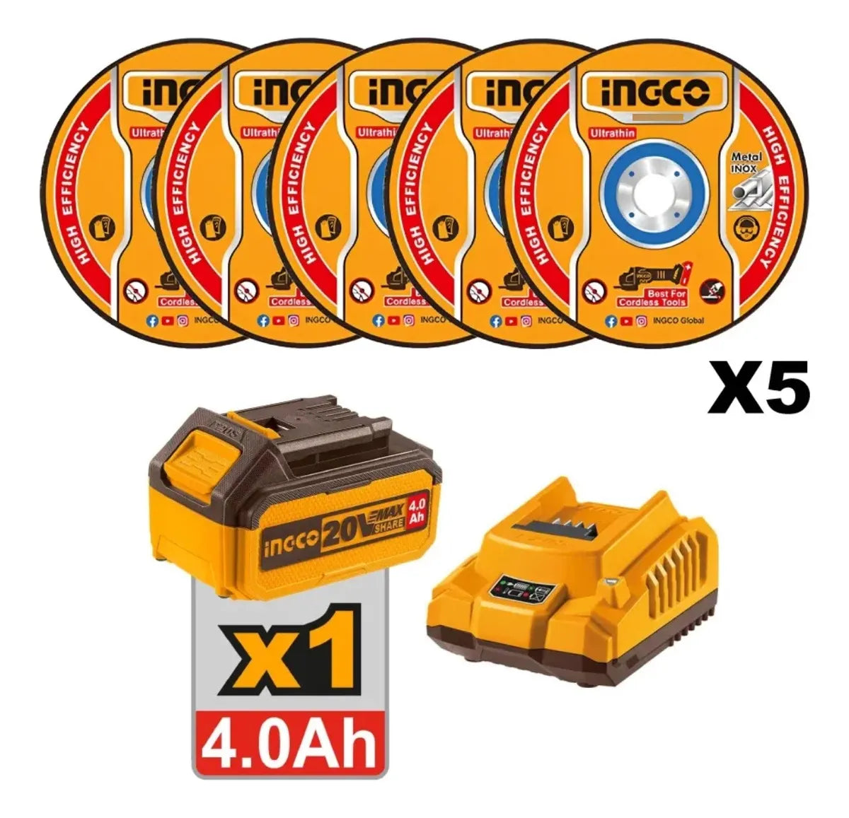 Esmeril Angular Bl Ingco +bat 4ah Y Carg +5 Discos 4 1/2 20v/115mm