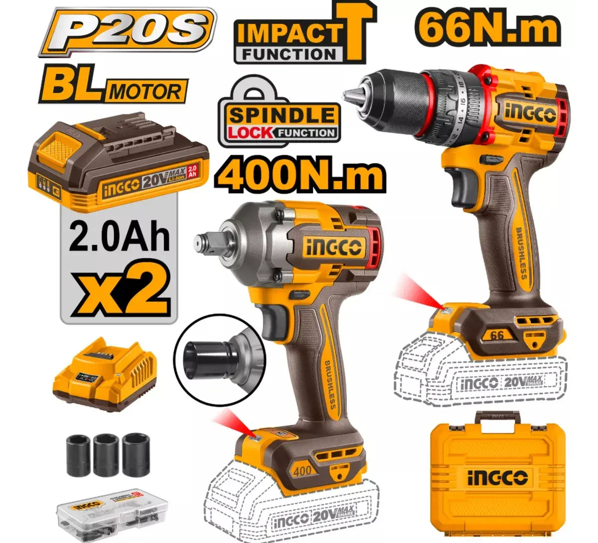 Set Ingco CKLI20286 Atornillador Percutor Y Llave De Impacto Color Naranja Claro 50hz/60hz