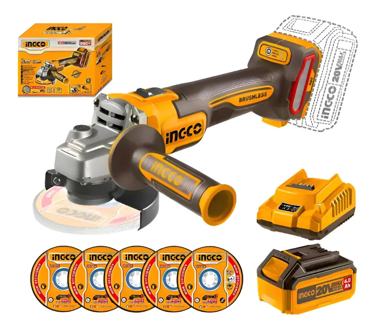 Esmeril Angular Bl Ingco +bat 4ah Y Carg +5 Discos 4 1/2 20v/115mm