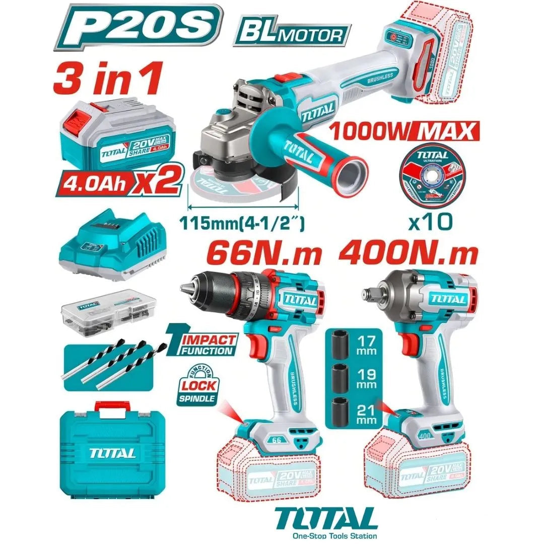 Kit Total 20v Taladro Amoladora Y Llave De Impacto 2 Baterias Tosli241291 Premium By Master Prox