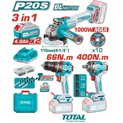 Kit Total 20v Taladro Amoladora Y Llave De Impacto 2 Baterias Tosli241291 Premium By Master Prox