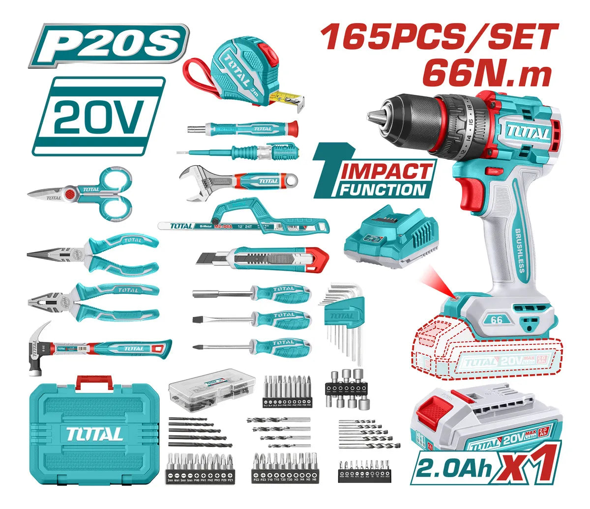 Taladro Percutor Y Atornillador 66nm Set 165 Piezas Total