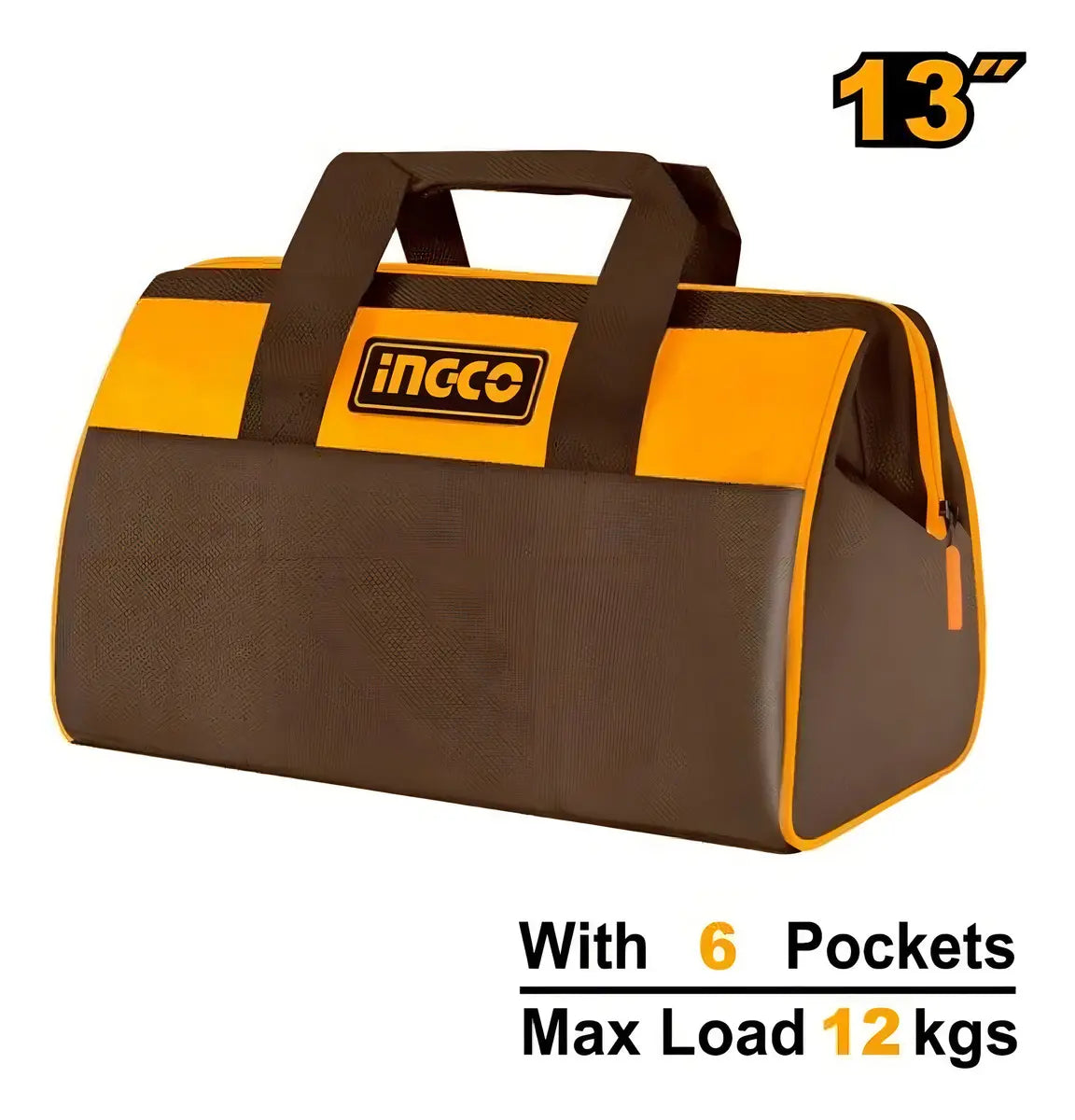 Bolso Para Herramientas Ingco 13 Pulgadas 6 Bolsillos Color Marrón y Amarillo