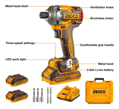 Atornillador Impacto Bl Ingco +2 Bat 2ah Y Carg 1/4" 20v/285nm