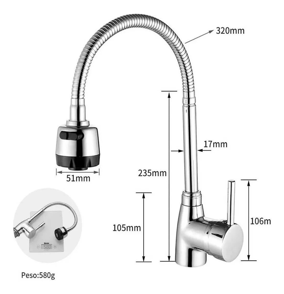 Llave Monomando Lavaplatos Cuello Flexible